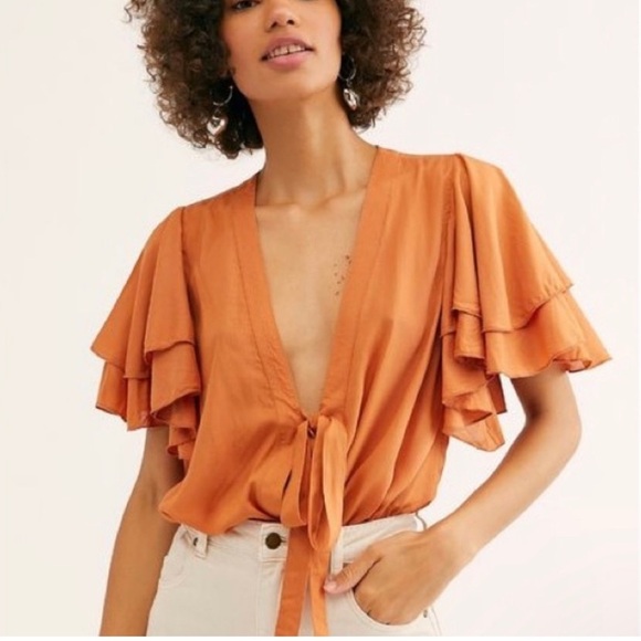 Free People Call Me Later bodysuit ruffle sleeves deep v copper flouncy medium - Picture 16 of 16